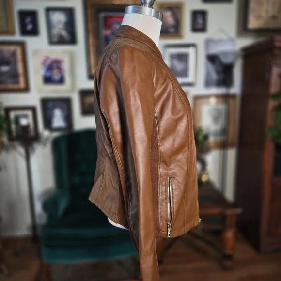 Kenneth Cole New York Cognac Faux Leather Moto Jacket Brown Small Quilted Zip - Picture 3 of 8